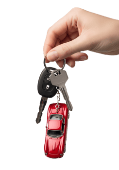 Hand holding car keys with red toy car isolated on transparent background, concept of ownership or investment metaphor png
