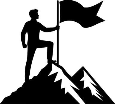 Silhouette of a man holding a flag on top of a mountain vector