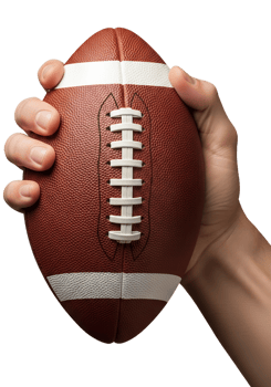 Hand holding brown leather american football isolated, realistic stitching and grip texture png