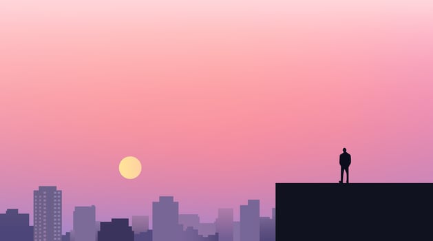 Silhouette on rooftop during sunset vector