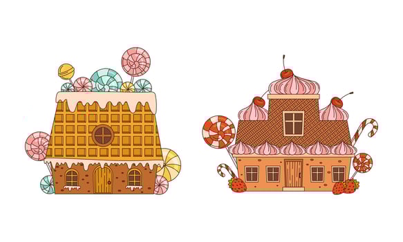 Christmas gingerbread houses decorated with glaze, candies and waffles set cartoon illustration vector