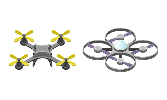 Unmanned aircrafts set, Drones and quadcopter modern wireless devices isometric illustration vector