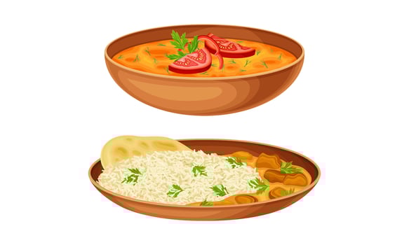 Delicious traditional Asian cuisine dishes set. Soup, stewed meat and rice illustration vector