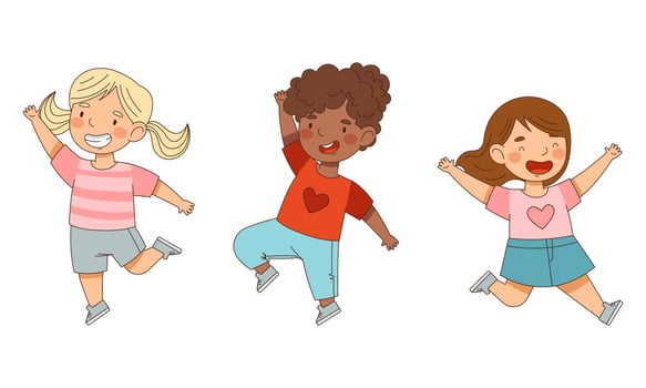 Happy kids jumping together set. Cute children having fun cartoon illustration vector