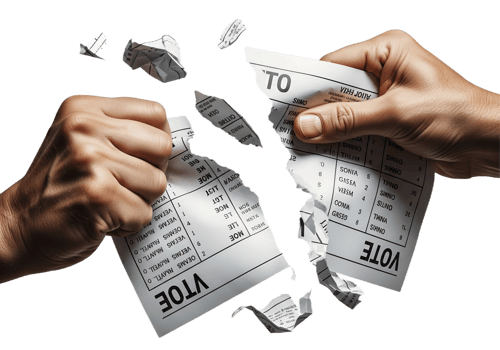 Ripped voting ballot in hands, election controversy, voter suppression, political frustration theme png