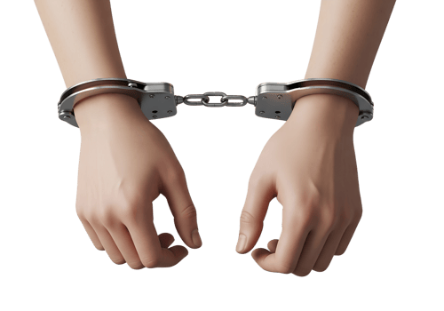 Hands bound in metal handcuffs, isolated on transparent background, arrest, crime, law enforcement, justice system and police concept png