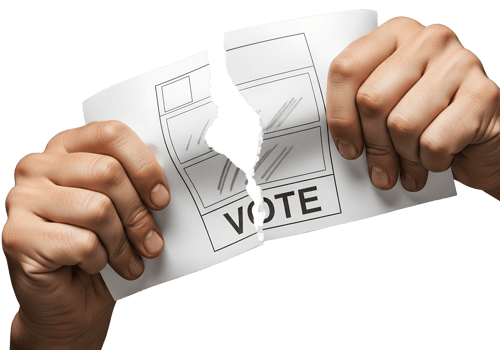 Hands tearing election ballot paper in protest, voting boycott, political dissent, democratic resistance concept png