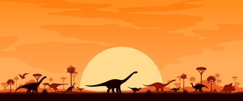 Jurassic landscape with dinosaur silhouettes, sunset vector