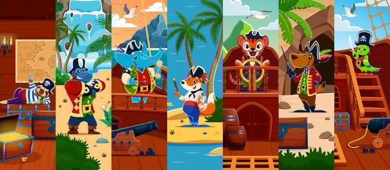 Cartoon pirates in vibrant adventure setting vector
