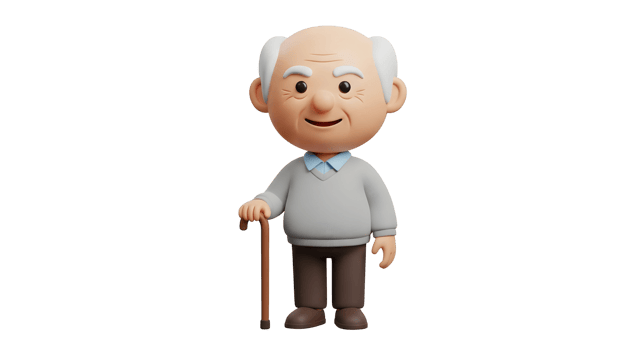 Cartoon senior man with a cane standing and smiling. Character design for elder care, retirement, and aging concepts on transparent background. png