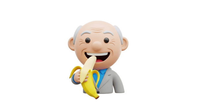Render of a cartoon man eating a banana on transparent background, nutrition and health concept png