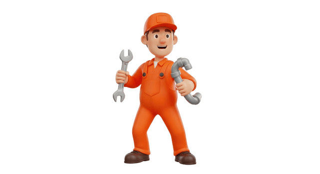 Plumber man holding a wrench and pipe in a detailed 3d character rendering, for handyman, repair, and maintenance service promotion on transparent background. png