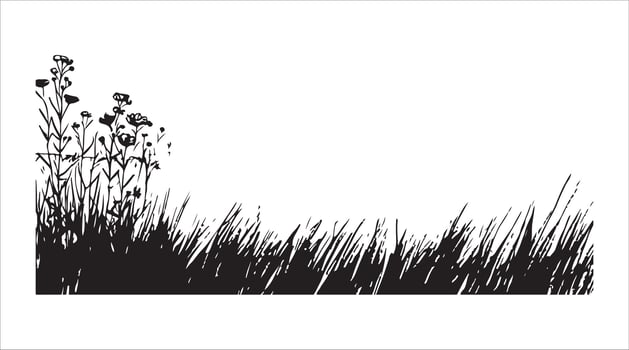 Outline of a field filled with grass and wildflowers in a line art style vector