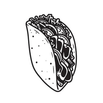 A detailed black and white vintage art silhouette illustration of a delicious taco depicting traditional mexican cuisine and street food vector