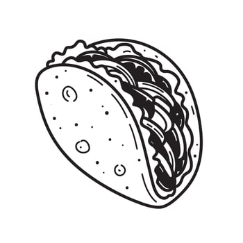 Black and white line art illustration of a delicious taco with filling perfect for menus and culinary graphics vector
