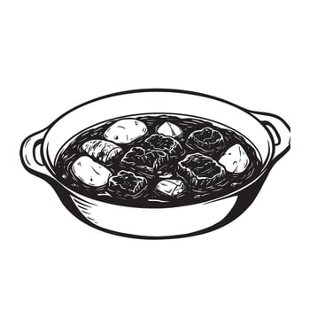 Vintage art silhouette depicting a delicious stew of meat and potatoes served in a rustic oval dish illustrating home cooked food vector