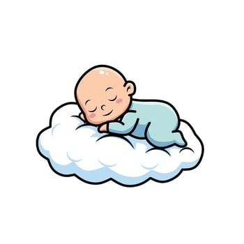 Adorable cartoon baby peacefully sleeping on a soft white cloud. Cute infant in blue pajamas, representing innocence, comfort, and peaceful dreams in a dreamy sky setting vector