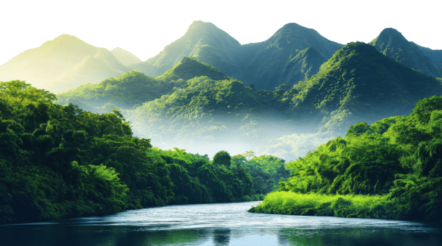 Serene river flowing through lush tropical valley with misty green mountains, isolated on transparent background png