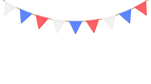 Flag garland. White, blue, red pennants chain. Party bunting decoration. Triangle celebration flags for garden decor. footer and banner vector