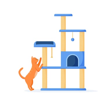 Cat tree with scratching posts and toys. Cute red cat sharpens claws on cat tower. Cat playground and house with claw sharpeners. Flat style vector