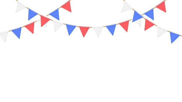 Flag garland. White, blue, red pennants chain. Party bunting decoration. Triangle celebration flags for party decor. vector