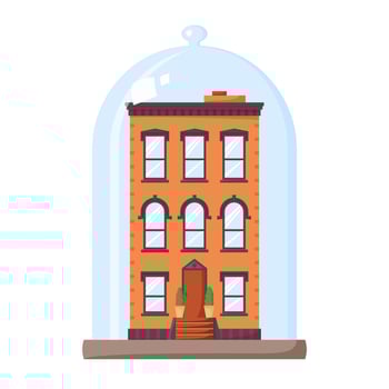 Rent control house concept. Rent stabilized apartment unit. Brick building covered by glass dome. Protected property. Flat vector
