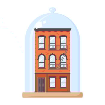 Rent control house concept. Rent stabilized apartment unit. Brick building covered by glass dome. Protected property vector