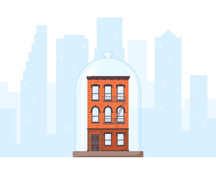 Old-fashioned house and city view silhouette. Brick building covered by glass dome. Rent control house concept. Rent stabilized apartment unit. Well preserved and protected property. Flat vector