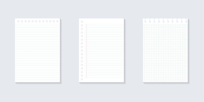 Set Blank white notepaper design. Hand drawn blue lined paper background vector