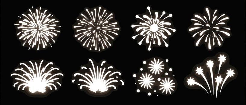 Twelve Stunning White Fireworks Exploding on a Black Background Festive, Celebratory Clipart Illustrations - Professional digital artwork with vibrant colors and detailed composition vector