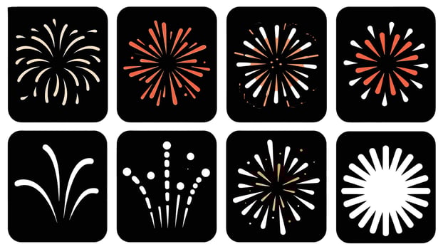 Eight Stunning Fireworks Icons A Collection of Night Sky Celebration Burst Illustrations for Festive Designs vector