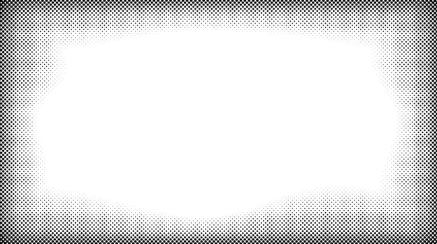 Halftone frame. Comic style divider. Pop art faded frame. Grunge speckle grain background. Dotted particles separator. White and black abstract wallpaper. vector