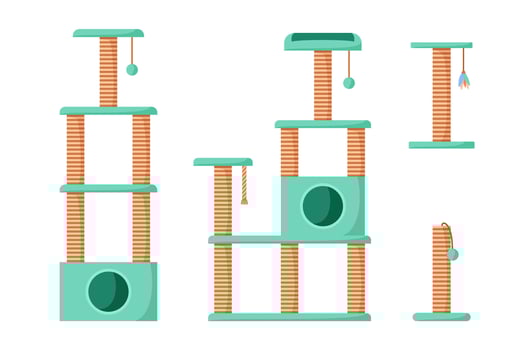 Cat trees and scratching posts set. Cat playground with claw sharpeners. Pet tower with rope posts. Supplies and accessories for domestic pets vector