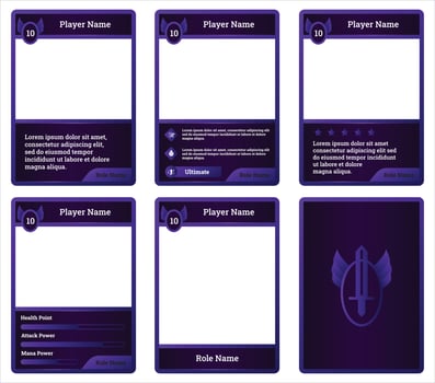 complete game card template with colosseum knight theme and purple and dark combination, for ui game, trading card game, and player collection card purposes. available with eps 10 file vector