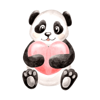 Cute baby panda with heart watercolor illustration for kids design. Hand drawn isolated funny little black and white bear. Smiling adorable animal character for children theme. Valentine card template png