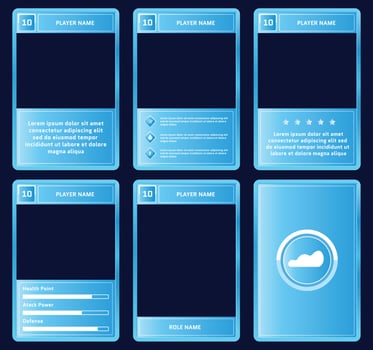 complete game card template with bright sky theme and blue color combination, for ui game, trading card game, and player collection card purposes. available with eps 10 file vector