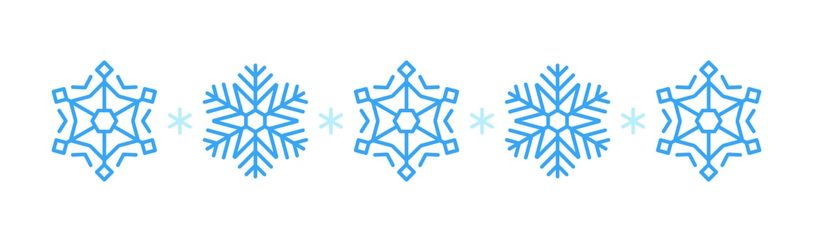 Winter snow banner, icon with blue snowflakes on a white background. Festive Christmas divider New Year card. Symbol of frosty whether and happy holidays. illustration vector