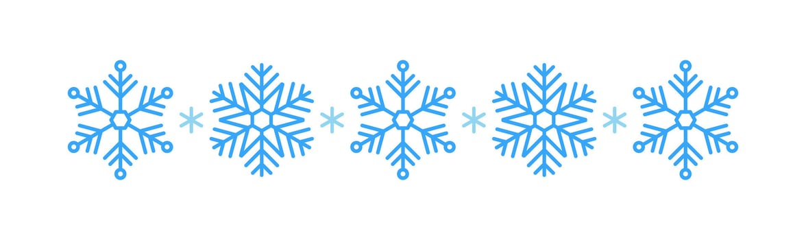 illustration snow icon divider with blue snowflakes on a white background. Festive Christmas banner, New Year card. Symbol of frosty whether and happy holidays. Winter vector