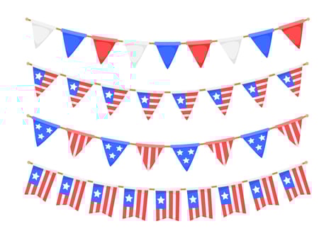 USA flag garlands set. US patriotic pennants chains collection. American party bunting decoration. United States flags for celebration. background. vector