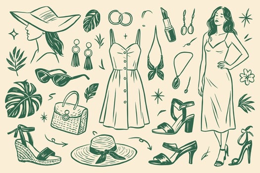 Fashionable woman summer wardrobe sketch of dresses accessories and tropical leaves vector