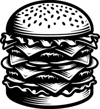 A hamburger is shown in a black and white drawing vector