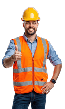 Construction Worker Thumbs Up Male construction worker in safety vest and helmet giving thumbs up with cheerful face, professional pose png