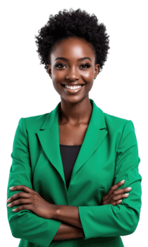 Businesswoman Green Jacket. A Black woman with short, curly dark hair, wearing a vibrant green blazer over a dark top png