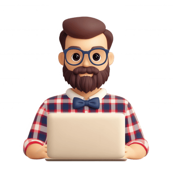 Bearded professional man with glasses and bow tie using laptop, 3d icon with transparent background, perfect for modern projects png