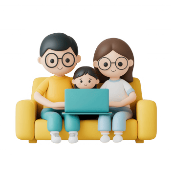 3d icon Family members relaxing on sofa, sharing laptop screen, smiling bonding together with transparent background png