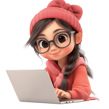 Cartoon girl with glasses, pink winter hat working on laptop, 3d icon against transparent backdrop, suiting tech and learning design needs png