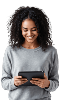 Professional Woman Using Tablet Isolated A medium shot captures a smiling woman with curly dark hair, wearing a grey sweater png