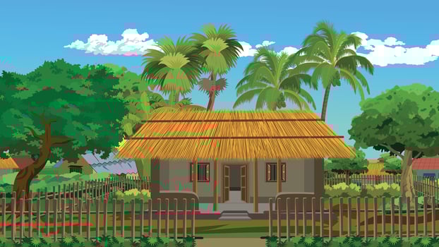 Indian rural village house compound background .Village hut with straw roof,mud wall,wooden door,surrounded by wooden fench,bushes,houses,trees,palm tree,coconut tree,banana vector