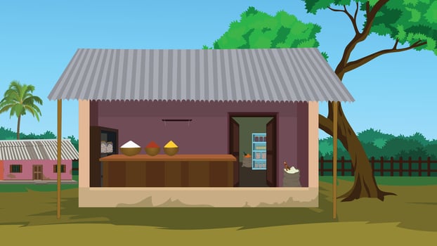 Indian village grocery store background. Indian rural village road. Asian food shop landscape vector