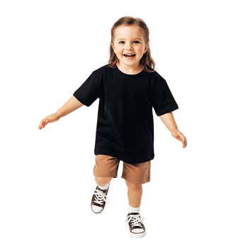 Cheerful Toddler Girl in Black T-Shirt and Brown Shorts - A Mockup Concept png